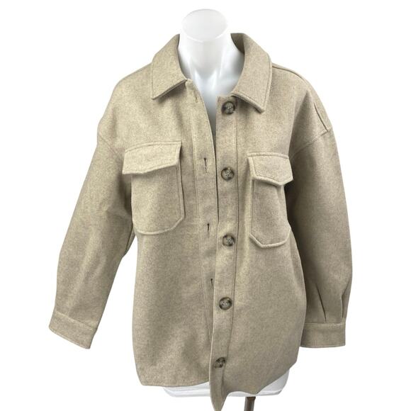 Avec Les Filles Beige Long Sleeve Button Down Pockets Shirt Shaket Coat Jacket M - Picture 1 of 4